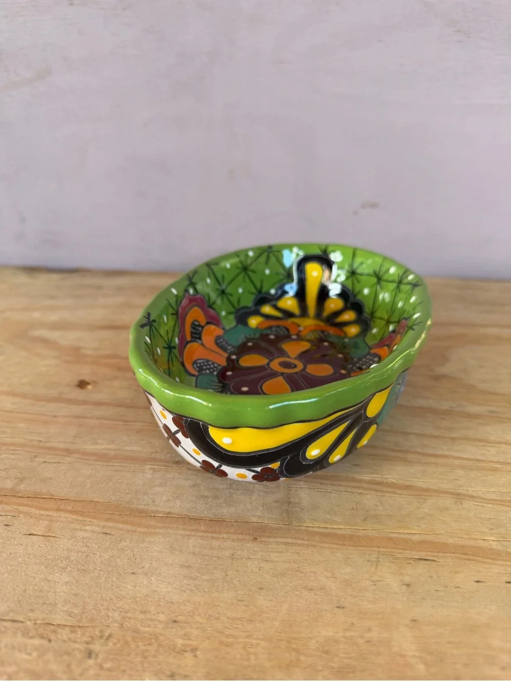 Hand-Painted Ceramic Serving Dish in Bright Green with Orange Floral Motif